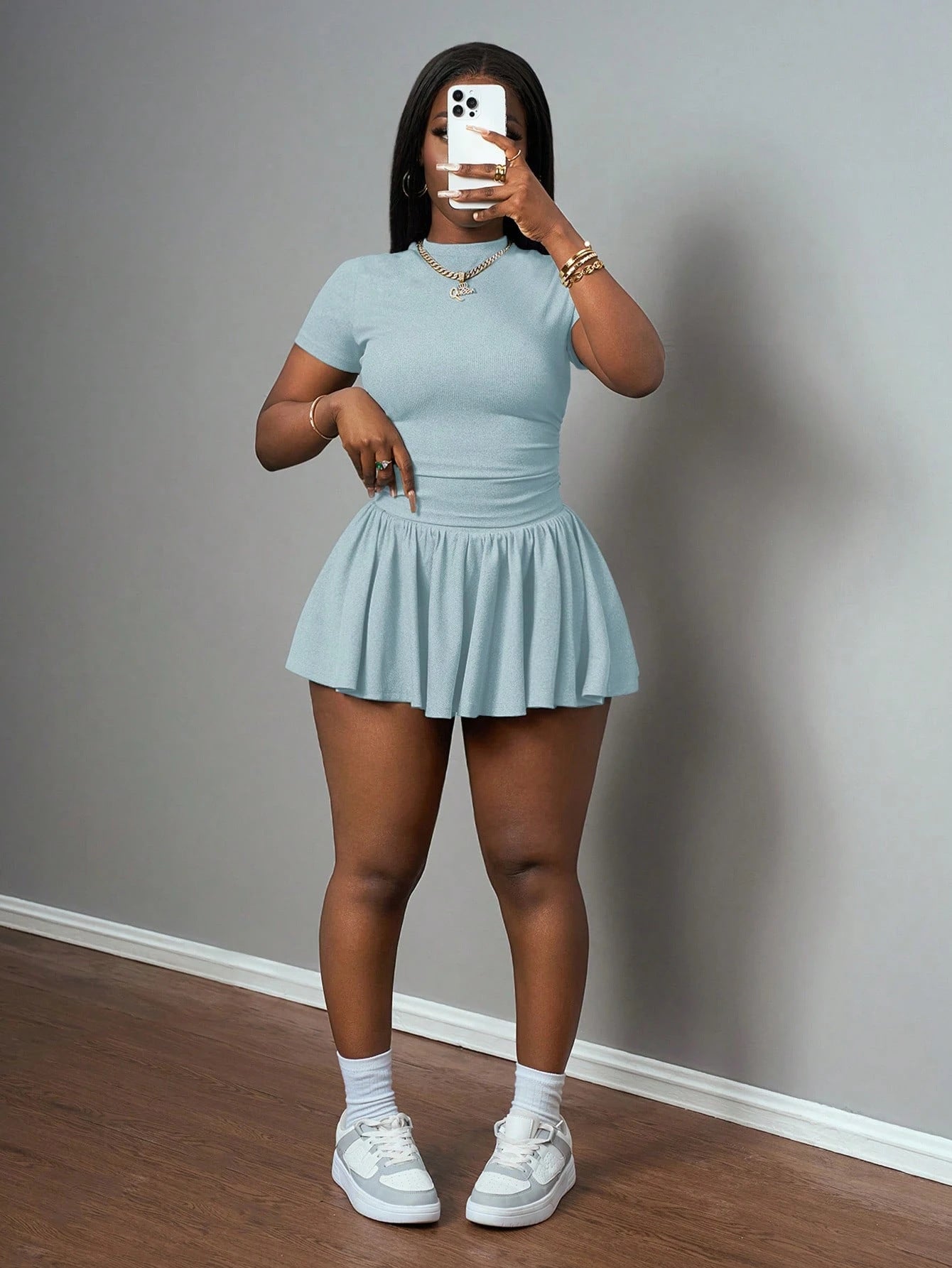 Elegant Women's Clothing Rib Round-neck Short Sleeves And Skirt Suit