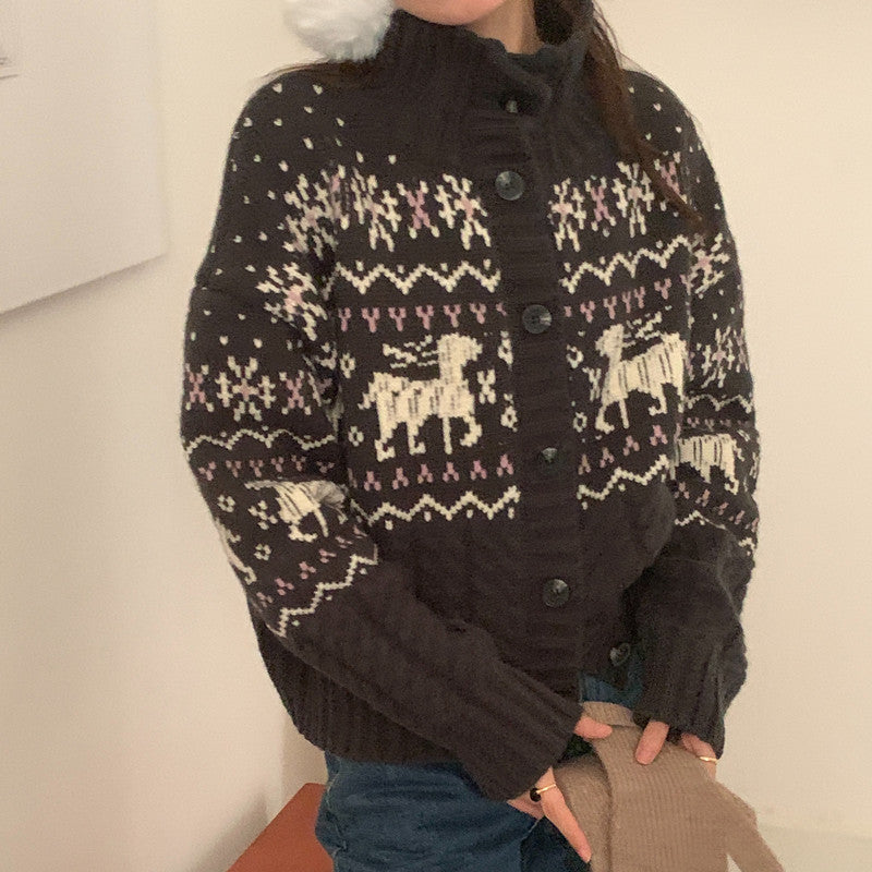 Jacquard Stand Collar Single-breasted Soft Glutinous Sweater Cardigan Coat