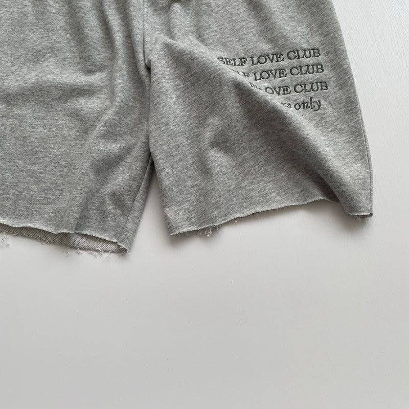 Vintage Linen Grey Green Letter Embroidered Loose Shorts