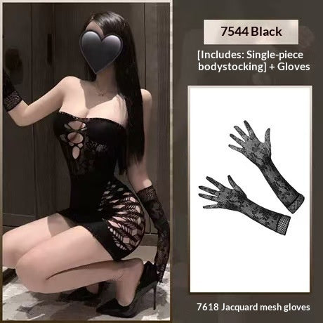 Hollow-out Low-cut Bustier Body-hugging Mesh Jumpsuit