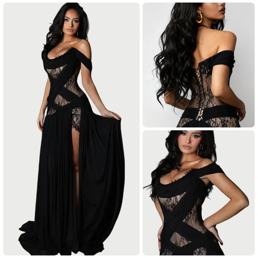 Black Off-the-shoulder Lace Hollow-out Maxi Dress