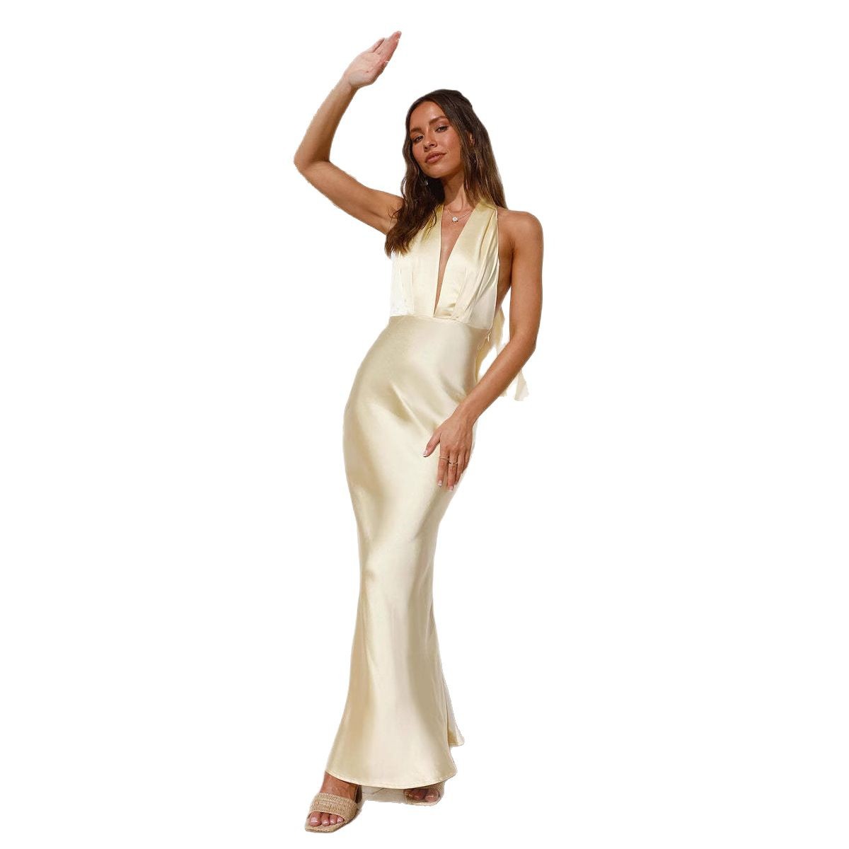 Sexy Fitted Halter Neck Backless Solid Color Sleeveless Dress For Women