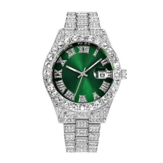 Hot Herre Stålbælte Hip Hop Romersk Skala Diamant Quartz Ur