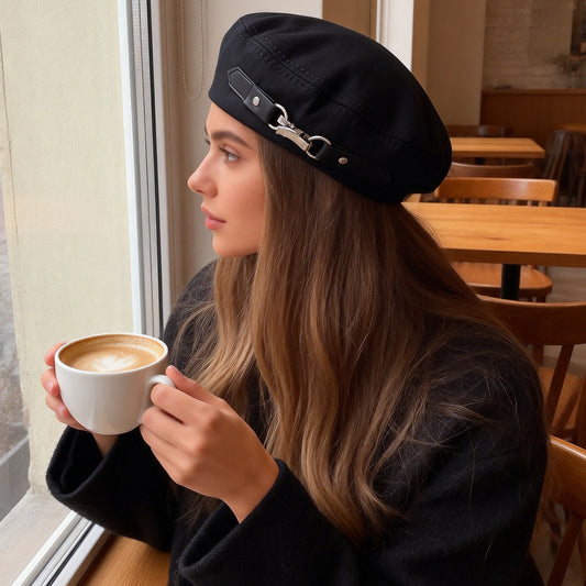 Black Leather Button Design Casual Look Bare Face Instagram Japanese Style Versatile Baseball Cap For Daily Leisure, Shopping, Traveling And Dating.