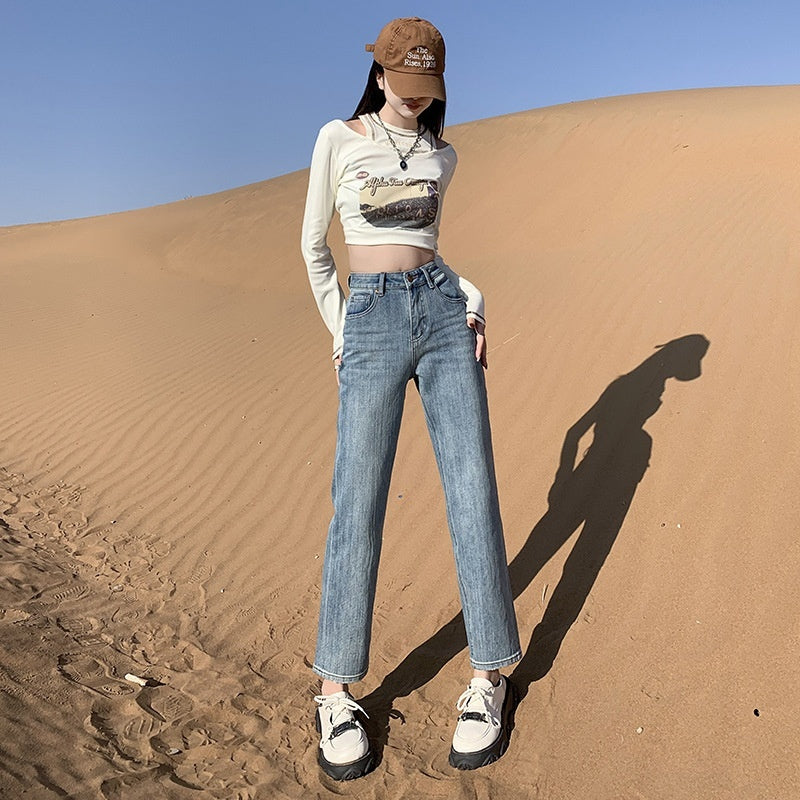 Hvide Jeans Koreansk Stil Højtaljede Stræk Cigaretbukser Små Cropped Straight Bukser
