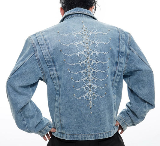 Heavy Retro Washed Rivet Backbone Denim Coat