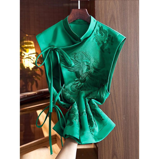 Chinese Style Vest Coat Retro Heavy Industry White Stork Embroidery Tie-neck