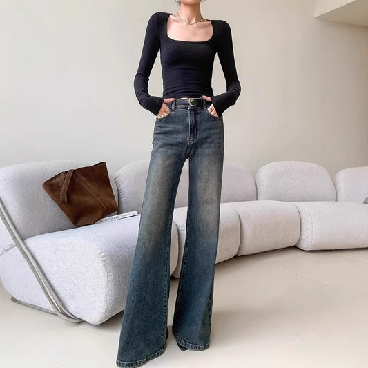 Retro Washed Blue Women's Micro-pull Mop Jeans