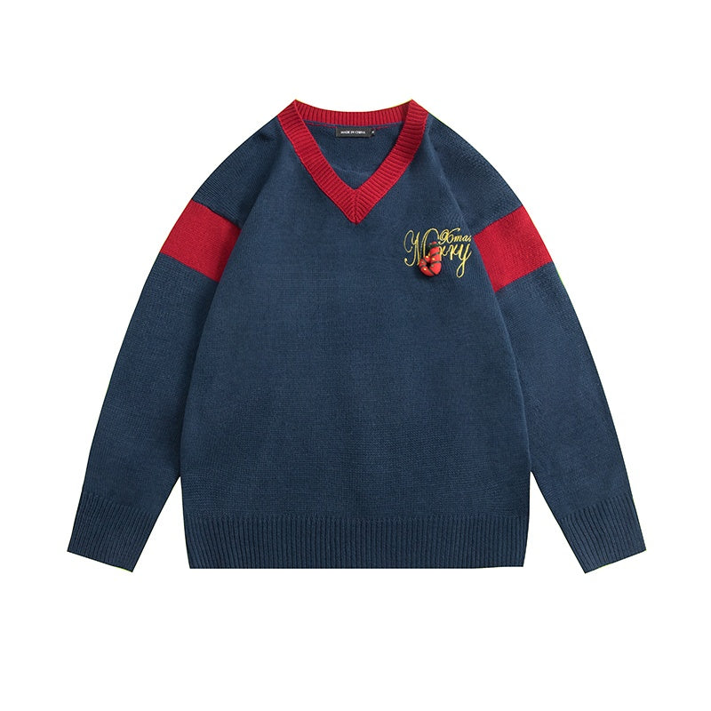 Color-blocking Bow V-neck Sweater Women's Loose Christmas Sweater