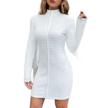 White Zippered Slim Dress Waffle-Weave Patchwork Zippered Bodycon Skirt