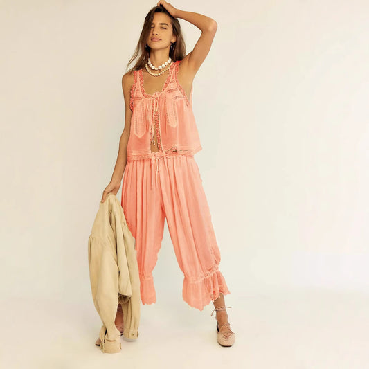 Womens Cropped Pants With Patchwork Lace Vest Set