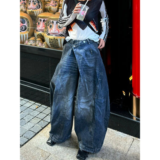 Retro Distressed Washed Reverse Waist Jeans