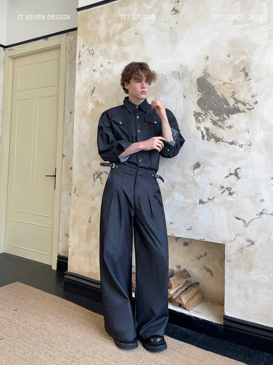 Three-dimensional Structure Metal Buckle Denim Shirt Ruoshuai High Sense Suit