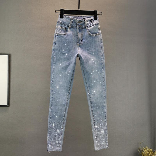 Elastiske Slim Fit Slankende Kraftig Broderi Hot Drilling Tapered Pencil Bukser