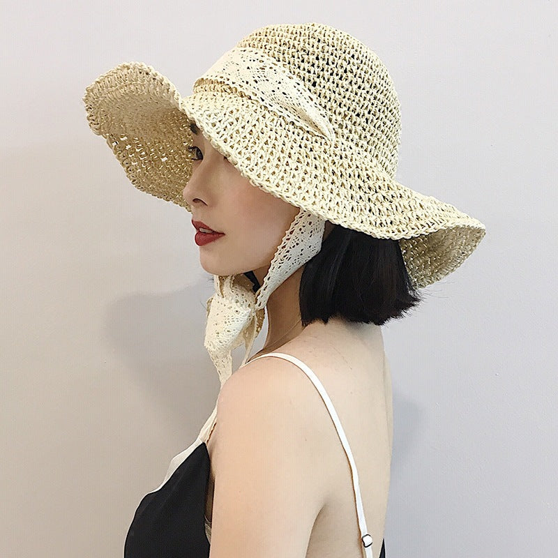 Korean Style Foldable Handmade Straw Hat Summer Lace Strap