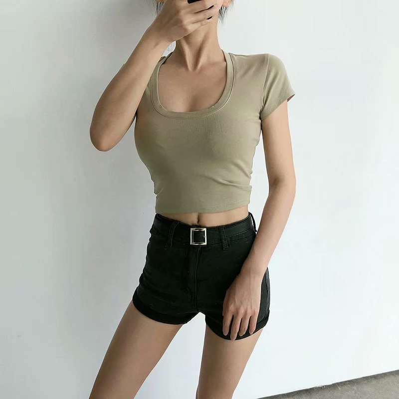 Women's Low-cut U-neck Slim Fit Short Sleeved T-shirt