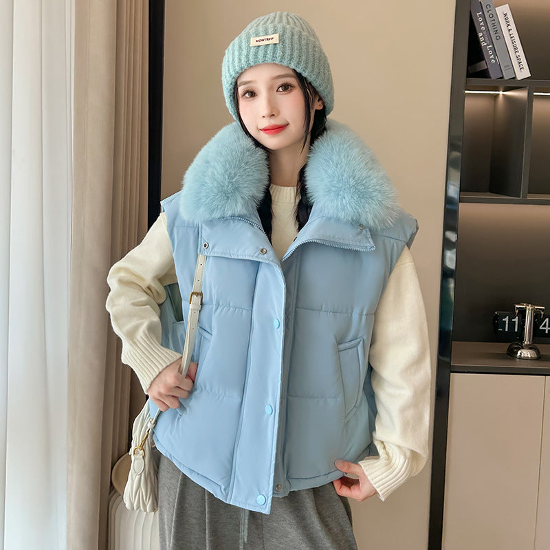 Women's Big Fur Collar Loose Down Cotton Vest Short Zipper