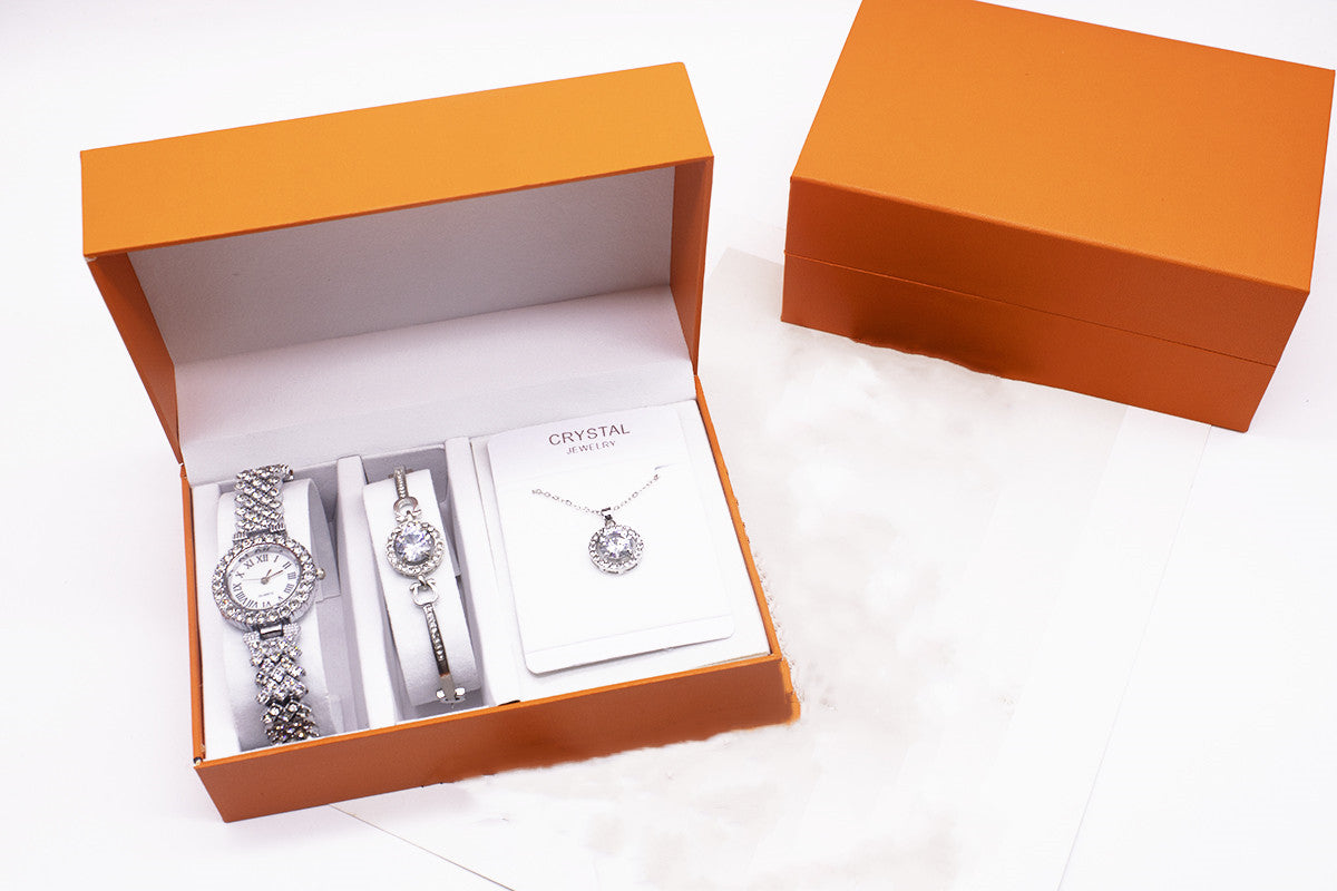 Rhinestone Watch Set With Bracelet And Necklace 3-piece