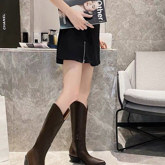 Women's Thick-heeled Boots With White Retro High-heeled Pointed High Tube