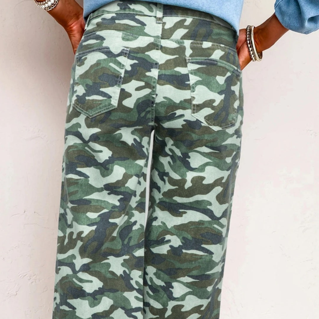 Green Camouflage Print Wide Leg Drawstring Denim Pants