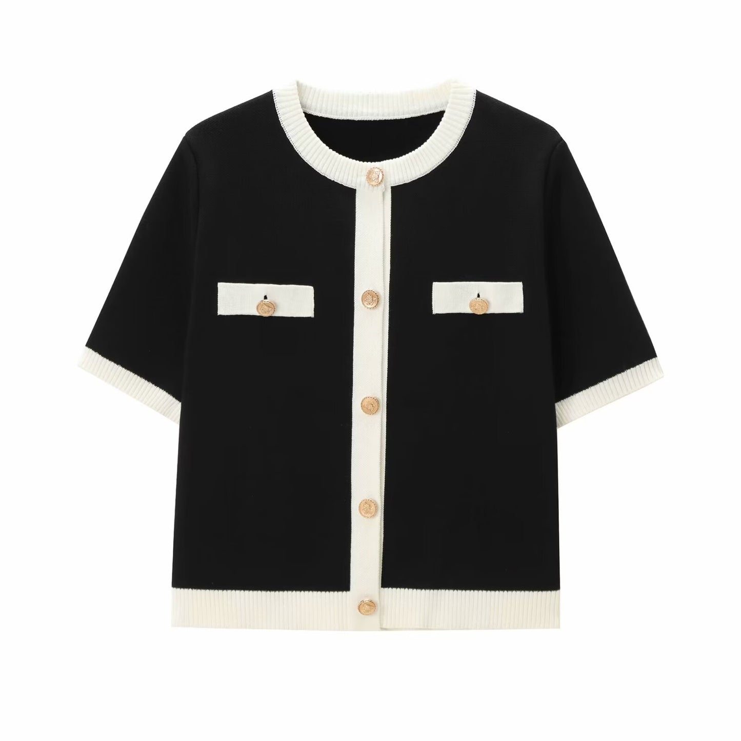 Fashion Color Contrast Round Neck Short Sleeve Knitted Cardigan