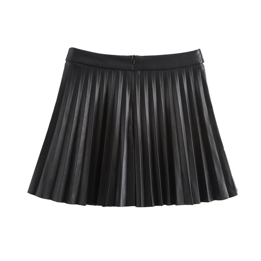 Autumn New Women's High Waist Slimming Faux Leather Wide Pleated Skirt