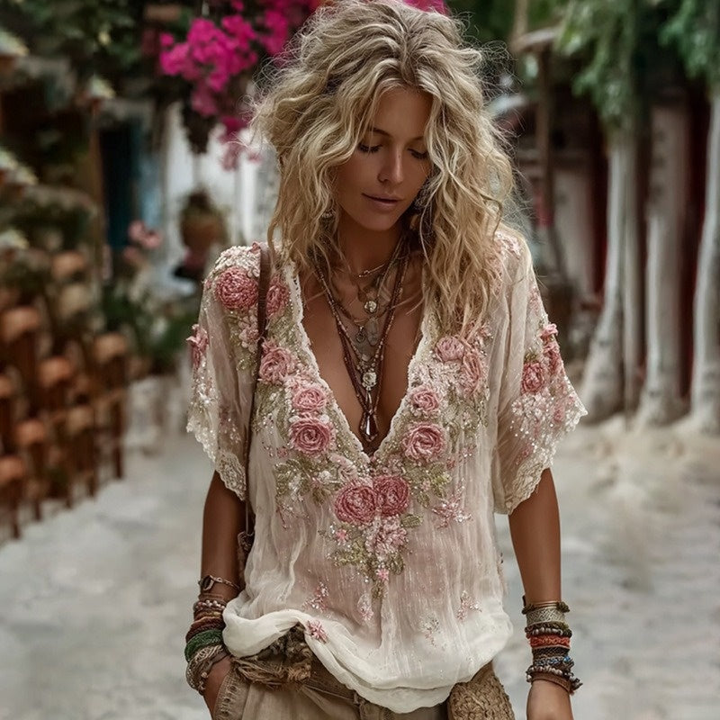 Womens V neck 3D printed Short sleeve Top With An Elegant Artistic And Vintage Vibe