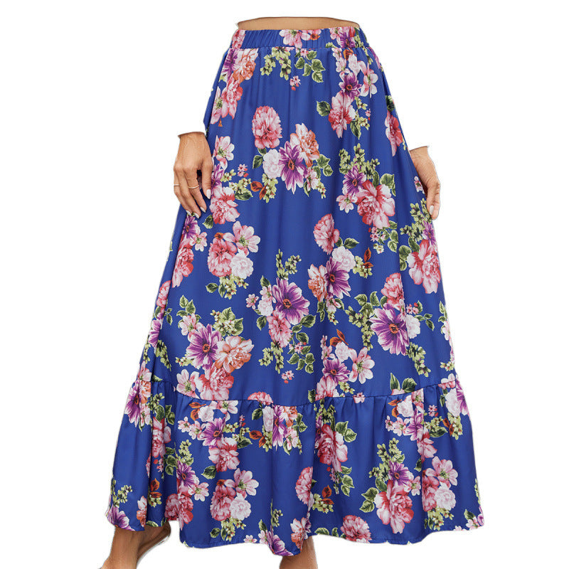 Retro Large Floral Digital Print High-Waist Skirt