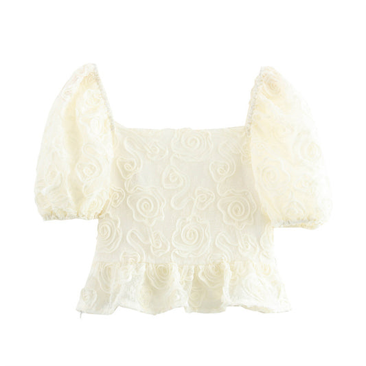 Pure White Embroidered Flowers Puff Sleeve Top