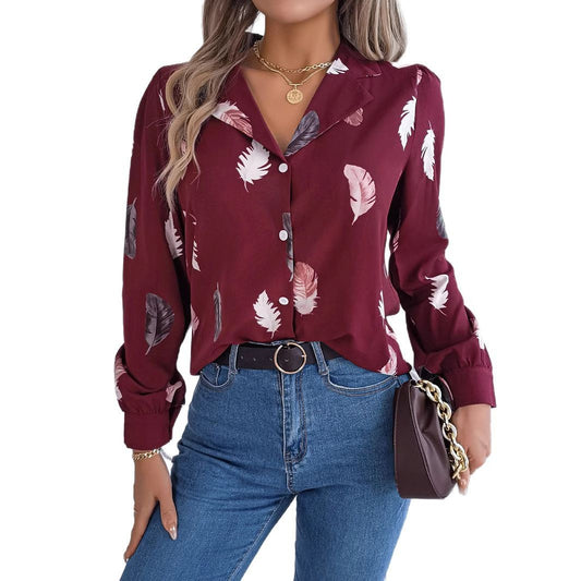 Elegant Feather-Print Blazer Collar Long-Sleeve Shirt