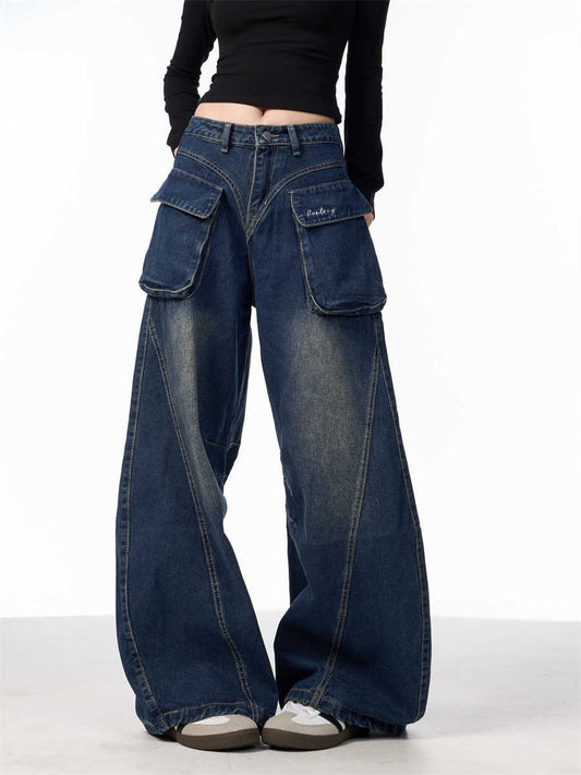 Jeans til kvinder med vide ben, lommer, høj talje, løse bukser