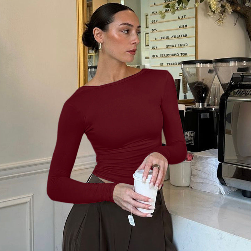 Slim Fit Slim Backless Solid Color Long-sleeved Top