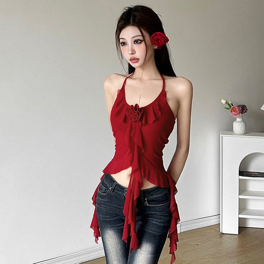 Pure And Alluring Three-Dimensional Floral Halterneck Sleeveless Tank Top