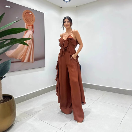 Women's Solid Color Top And Straight Pants Two-piece Set