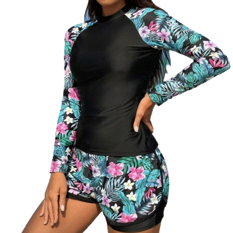 Conservative Long-sleeve Digital-print Colorblock Swimsuit