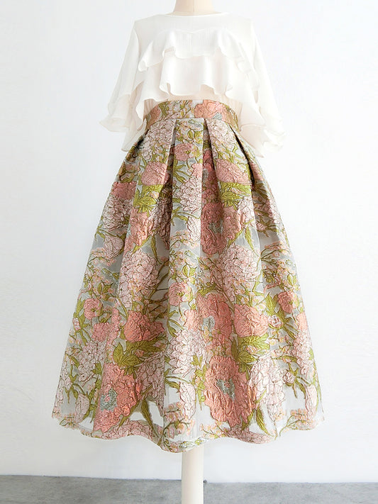 Organza Pettiskirt Embroidered High Waist Midi Skirt