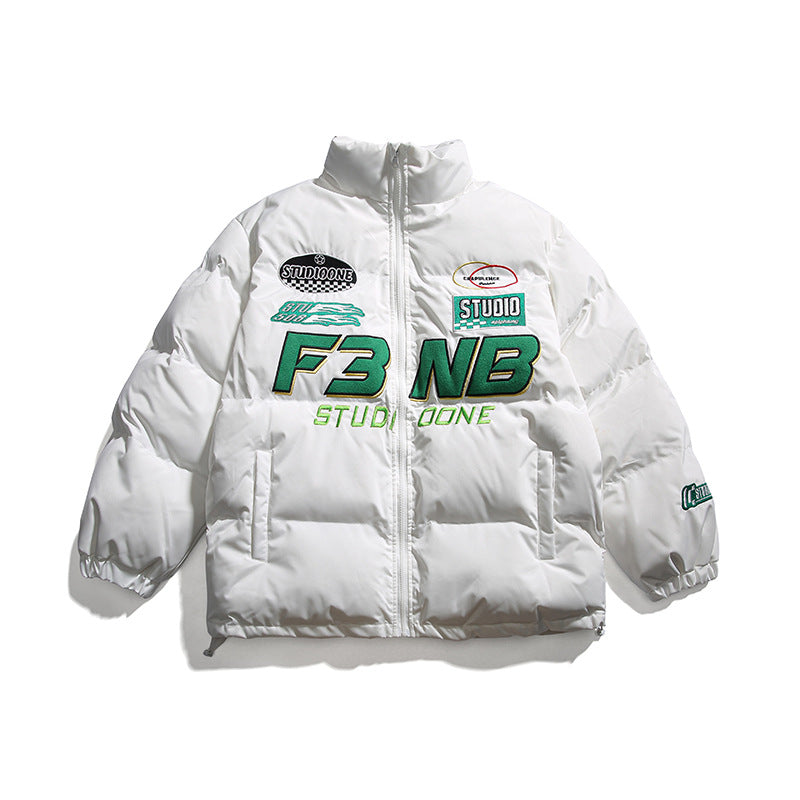 Men's Solid Color Racing Elements Embroidered Letter Stand Collar Jacket