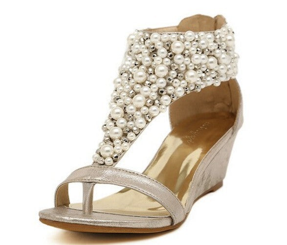 Summer Fashion Beaded Rhinestone Flip-toe Wedge Women's Shoes
