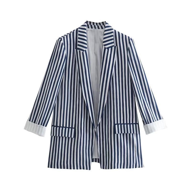 Ladies Lapel Stripe Pocket Trim Jacket