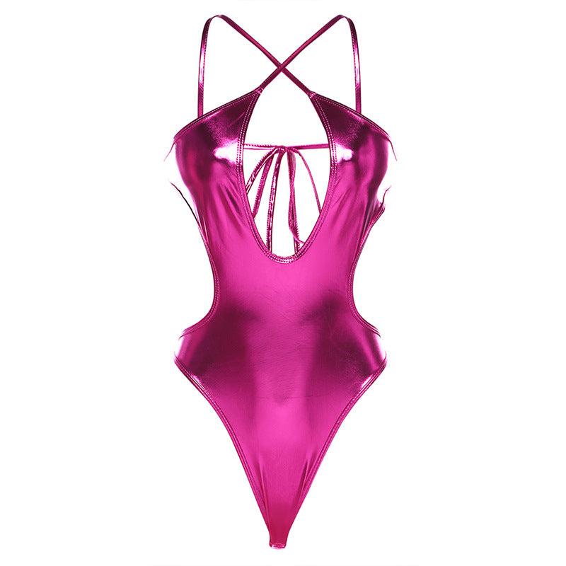 Womens Metallic Shiny Bikini Cross Halter Hollow Out Backless Swimwear Bodysuit