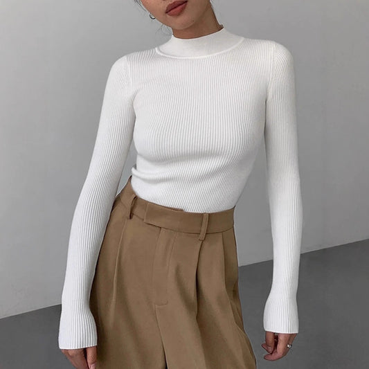 Womens Fashionable Tight-Fit Crew-Neck Knitted Top