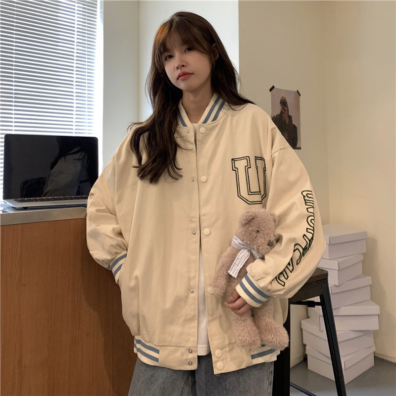 All-match Lazy Wind Brushed Twill Thin Baseball Uniform Loose Sweater Jacket