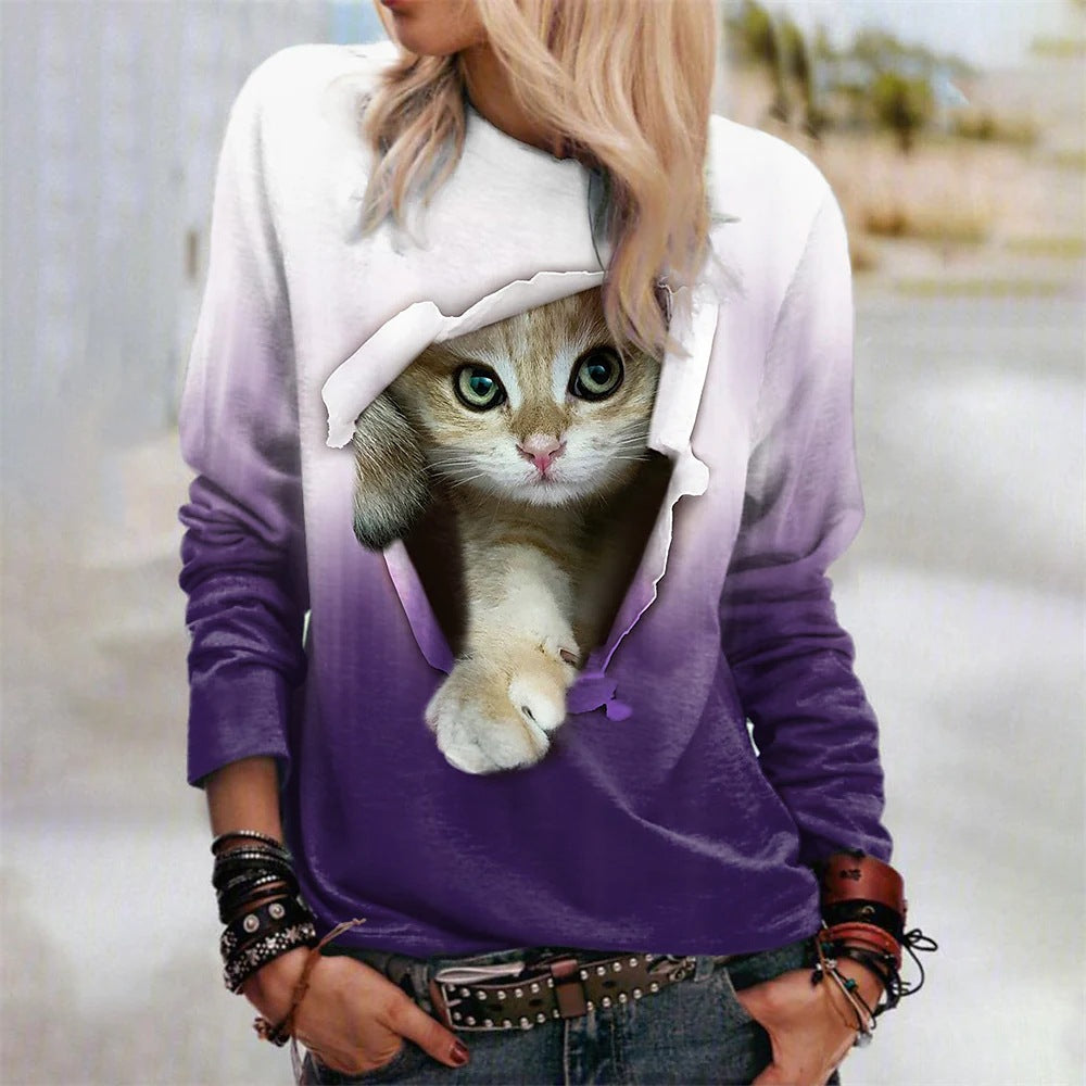 Gradient Cat Print Mid-calf Shirt Casual Sweatshirt Pullover Long-sleeved Shirt