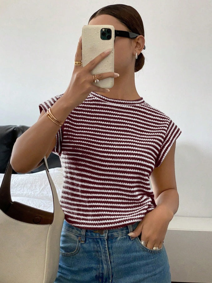 Womens New Summer Striped Crew-Neck Fashion Knit T-Shirt For Women