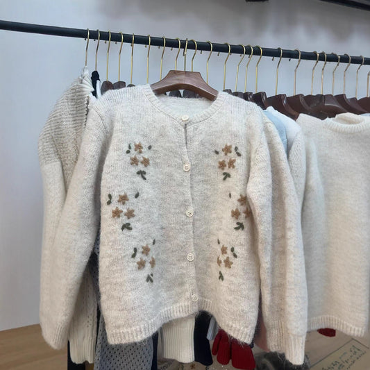 Korean Style Round Neck Embroidered Knitted Cardigan Sweater Coat
