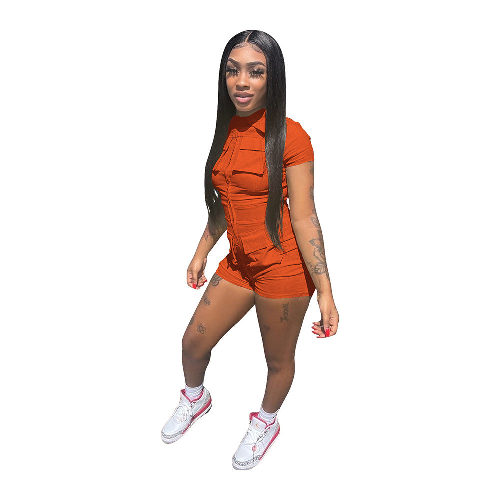 Women's Fashion Zipper Pocket Solid Color Work Jumpsuit