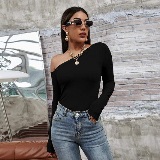 Slanted Shoulder Collar Temperament Slim Long-sleeved T-shirt Knitted Top