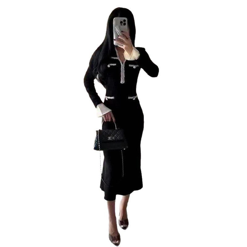 Flared-sleeve Waist-cinched Sheath-style Elegant Black Midi Dress