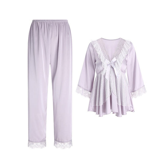 Lace Satin Stitching And Chest Pad Pleated Waist-controlled Top Trousers Two Pieces