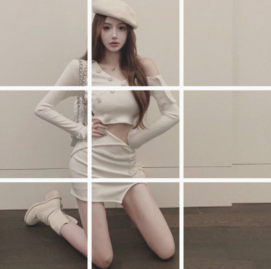 Early Autumn Pearl Button Short Top And Sheath Skirt Set